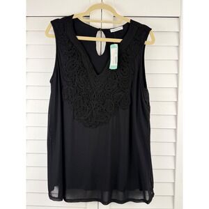 Montagne Telsa Plunging Neckline Knit Top XL Black Embroidered Sleeveless NEW